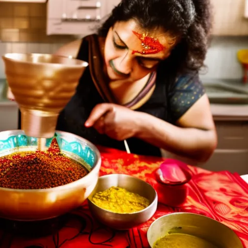 

This image shows a woman in a kitchen, carefully measuring and mixing spices into a bowl. She is wearing a traditional Indian sari, and the spices she is using are typical of Indian cuisine. The image conveys the idea of a master