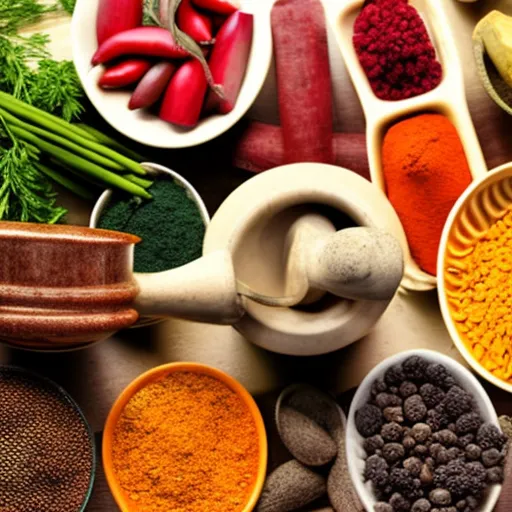 

An image of a variety of spices and herbs arranged in a colorful display, with a mortar and pestle in the center. The image conveys the idea of unlocking the power of flavor enhancers, with the mortar and pestle symbolizing